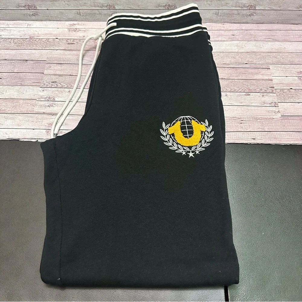 True Religion Mens Black Joggers with Yellow Embroidery SP